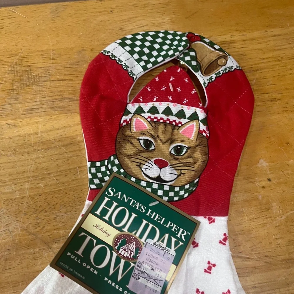 Vtg B&D Christmas Cat Hanging Kitchen Towel Santa's Helper Kitsch Jingle‎ Bell